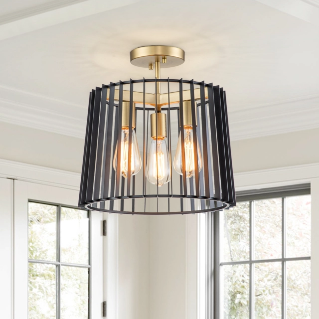 3-Light Modern Farmhouse Vintage Sector Cage Flush Mount Ceiling Light in Matte Black Design for Kitchen Island / BedRoom /Hallway