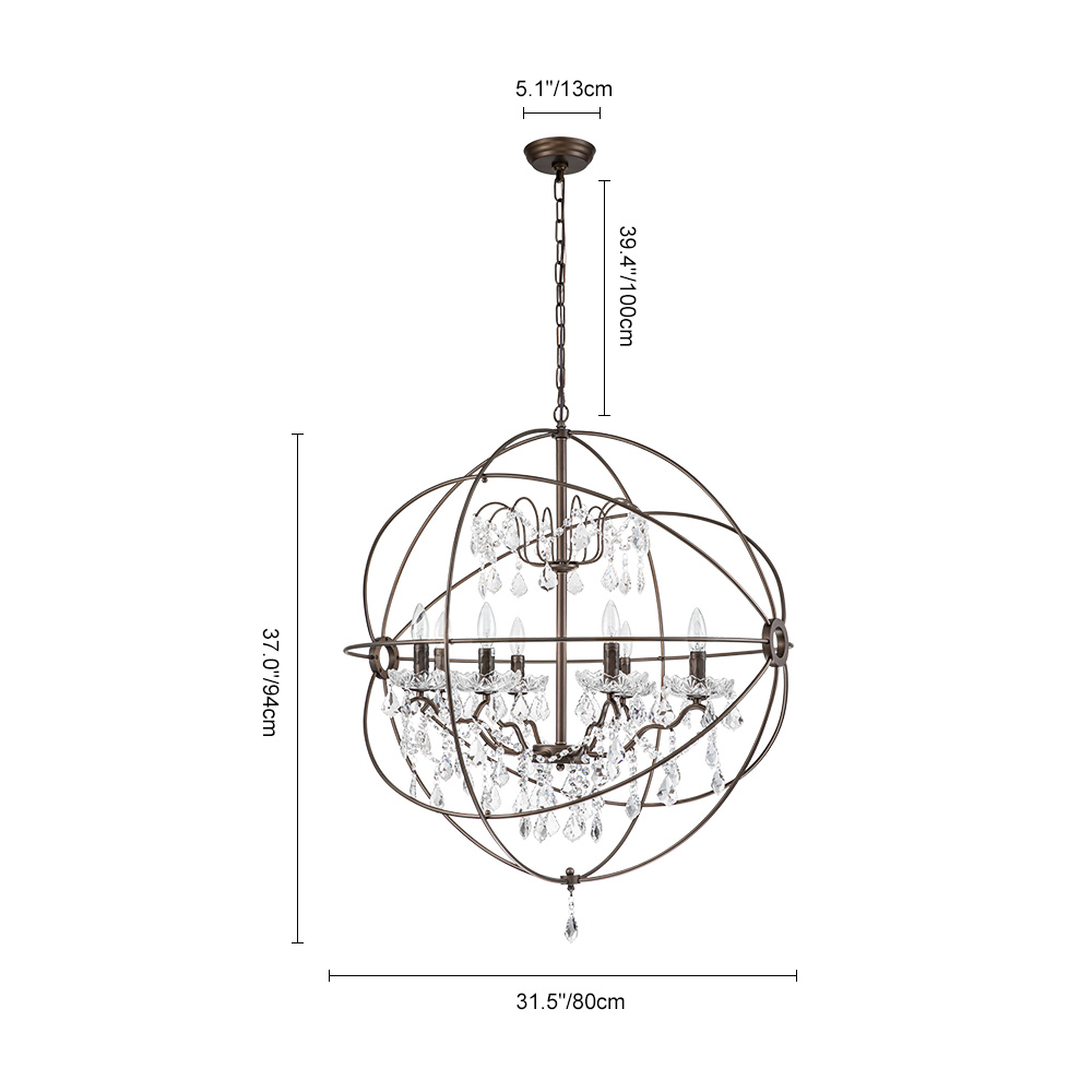 Modern Farmhouse Circle Frame Two-Tier Crystal Orb Chandelier Pendant Lighting with Cage Shade For Restaurant/ Kitchen/ Dining Room