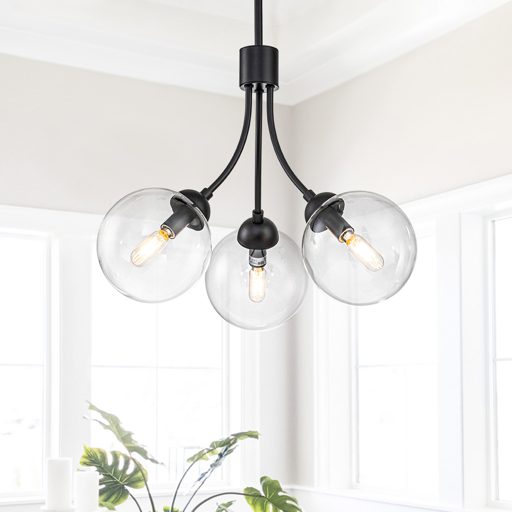 3-Light Modern Minimalist Sputnik Chandelier with Clear Glass Globe for Bedroom/ Kitchen/ Living Room