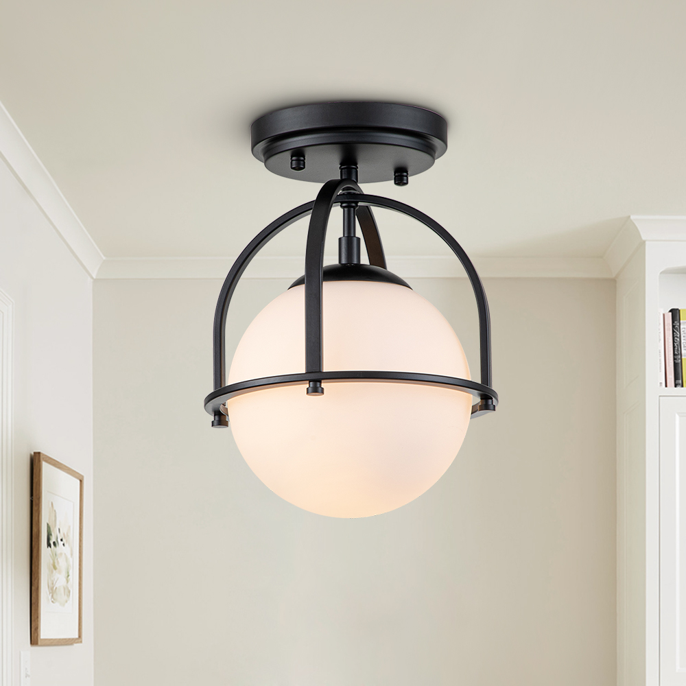 Modern Small Opal Glass Globe Semi Flush Mount Kitchen Ceiling Lighting in Airy Frame Design for Hallway Foyer Entryway