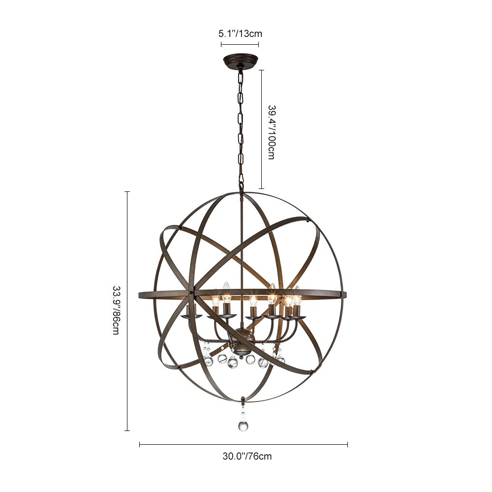 Modern Farmhouse Circle Frame Crystal Orb Chandelier Pendant Lighting with Cage Shade For Restaurant/ Kitchen/ Dining Room