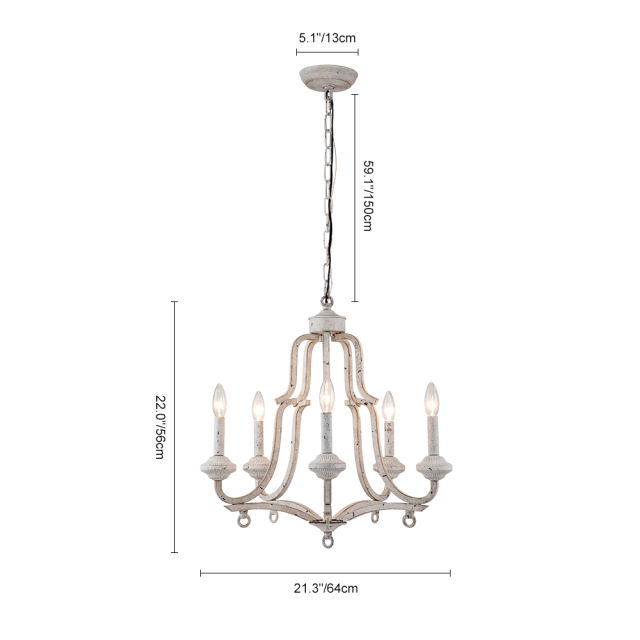 Modern Farmhouse Rustic 5 Lights Candle Style Empire Chandelier in Antique White Finish for Living Room/ Dining Room/ Museum