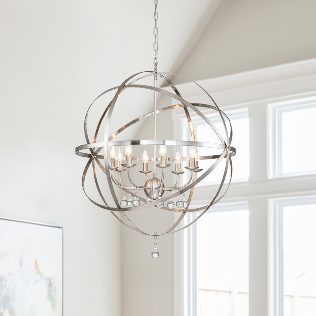 Modern Farmhouse Circle Frame Crystal Chandelier Pendant Lighting with Cage Shade For Restaurant/ Kitchen/ Dining Room