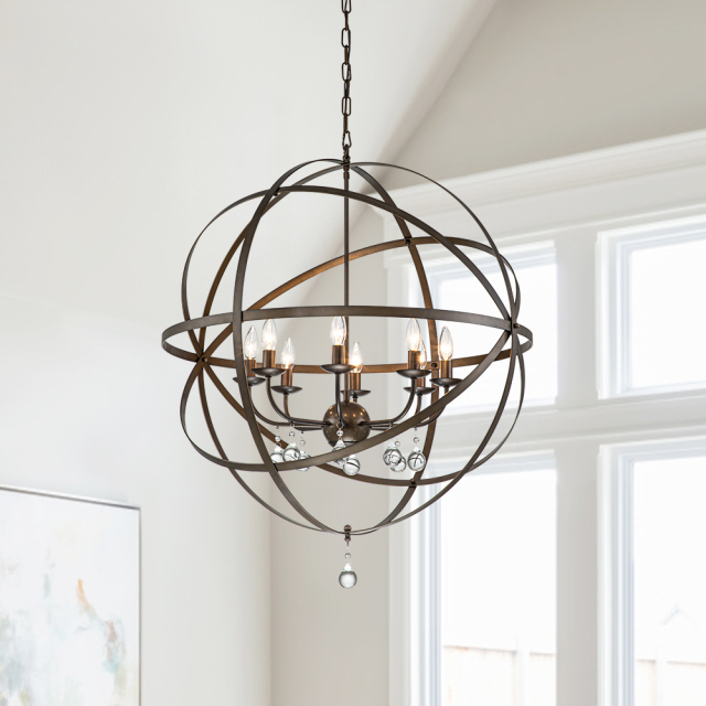 Modern Farmhouse Circle Frame Crystal Chandelier Pendant Lighting with Cage Shade For Restaurant/ Kitchen/ Dining Room