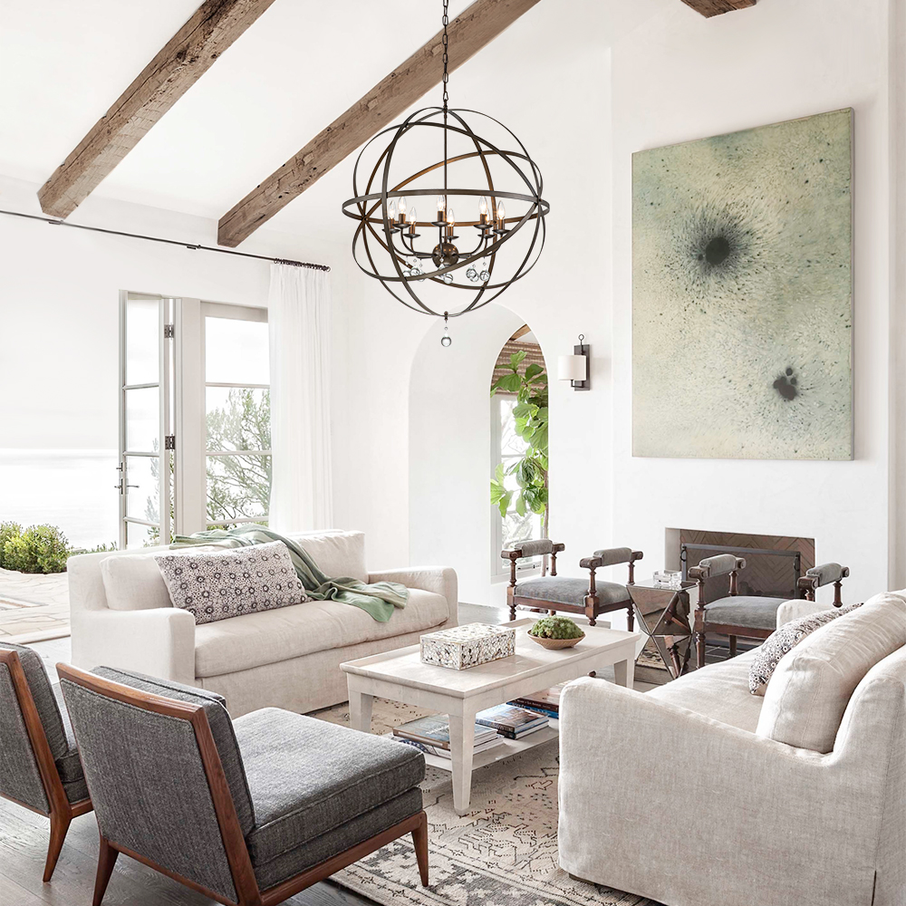 Modern Farmhouse Circle Frame Crystal Orb Chandelier Pendant Lighting with Cage Shade For Restaurant/ Kitchen/ Dining Room