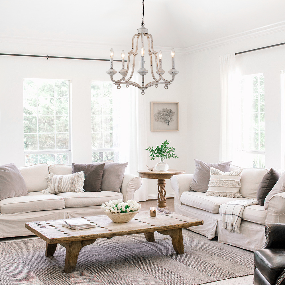 5-Light Modern Farmhouse Mid-century Candle Style Empire Chandelier in Antique White Finish for Living Room/ Dining Room/ Museum