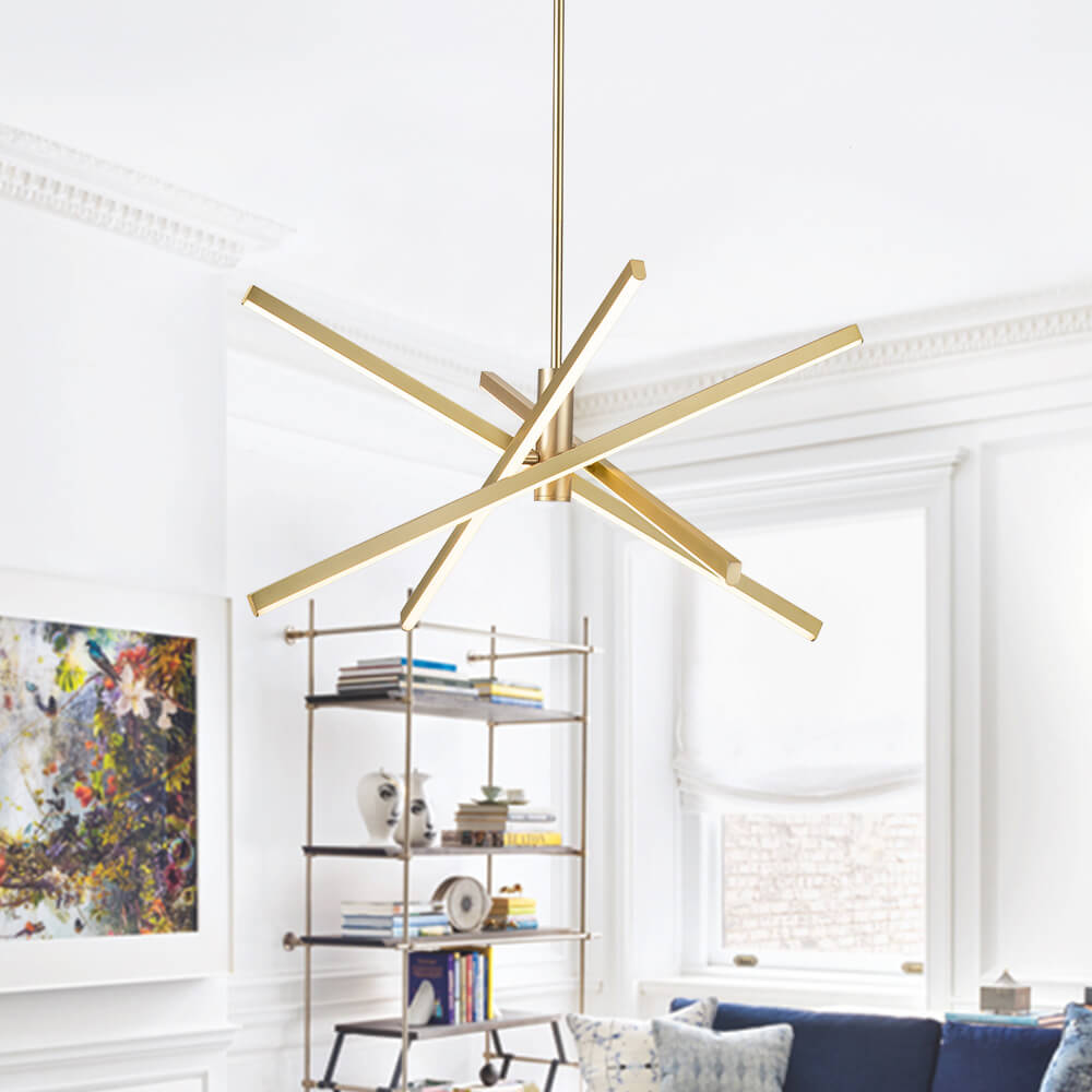 Modern 4-Light LED Cross Arms Sputnik Chandelier in Matt Black/ Aged Brass/ Chrome Finish for Home Office Dining Room Living Room