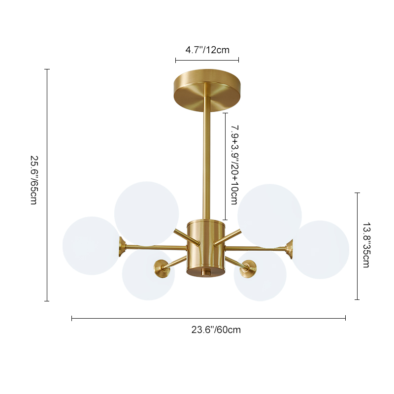 Mid-century Glam 6 Light Arms Sputnik Chandelier with Glass Milk Globes for Living Room Bedroom