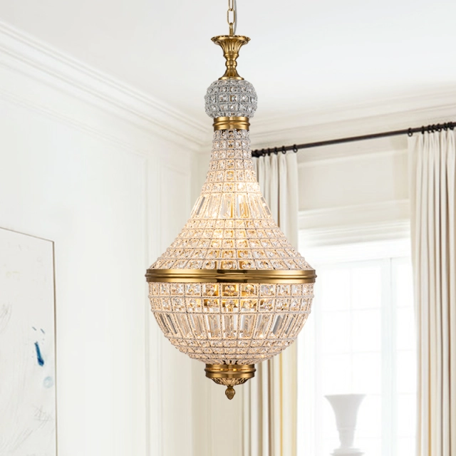 6-Light Modern French Empire Crystal Glass Chandelier in Antique Brass  Finish for Living Room/Dining