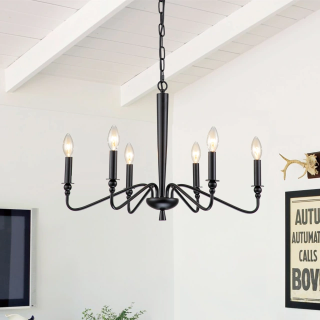 Midcentury Modern Candle Style Sputnik Chandelier in Black/ Black+Gold