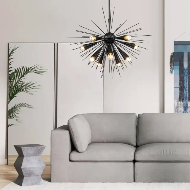 10-Light Mid-Century Modern Brass/ Black Sputnik Sunburst Chandelier Hanging Pendant Lighting for Dining Room/ Kitchen/ Living Room