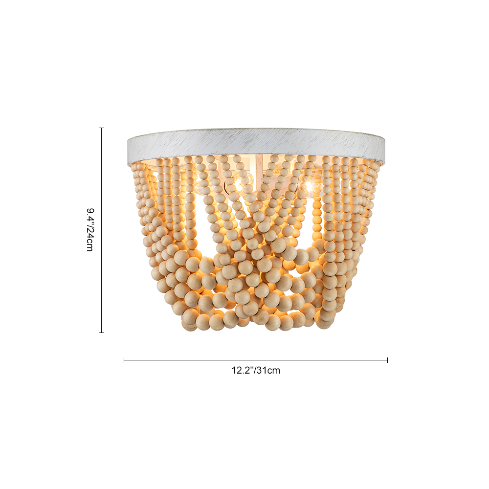 Modern Coastal Wood Beaded Unique Ceiling Light Flush Mount Chandelier in an Antique White Finish Design for Entryway, Bedroom, Kitchen, Living Room