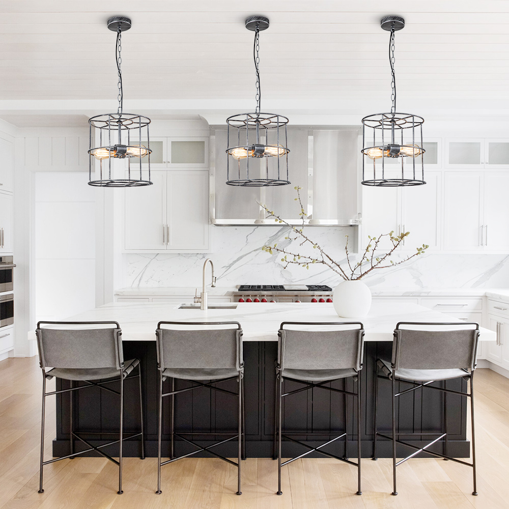 Modern Farmhouse Metal Open Cage Frame Pendant Lighting in Silver Gray Finish For Restaurant/ Kitchen/ Dining Room