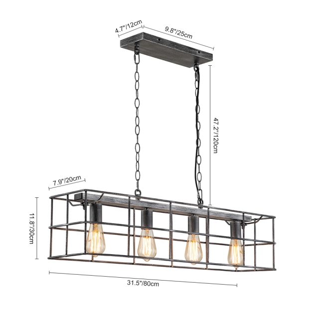 4-Light Mid-century Modern Farmhouse Wooden+Metal Rectangle Chandelier Pendant Light in Silver Gray Finish for Living Room/ Kitchen/ Garage