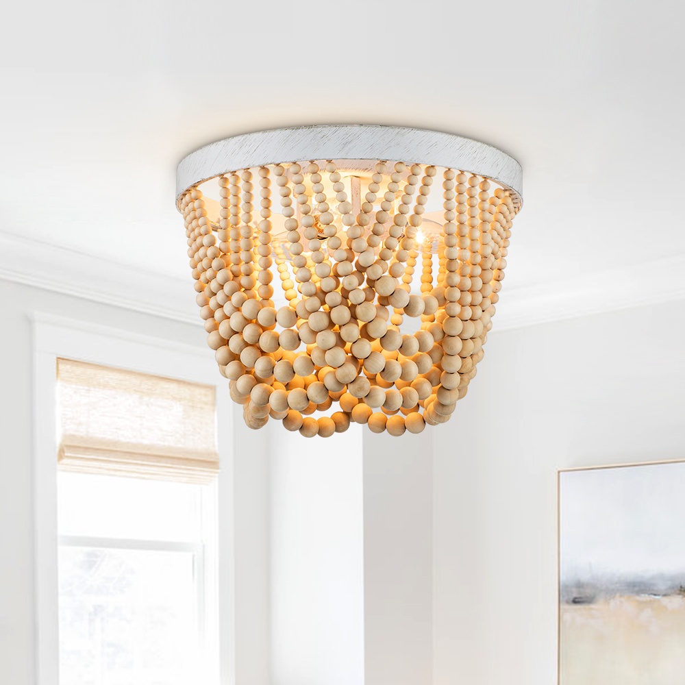 Modern Coastal Wood Beaded Unique Ceiling Light Flush Mount Chandelier in an Antique White Finish Design for Entryway, Bedroom, Kitchen, Living Room