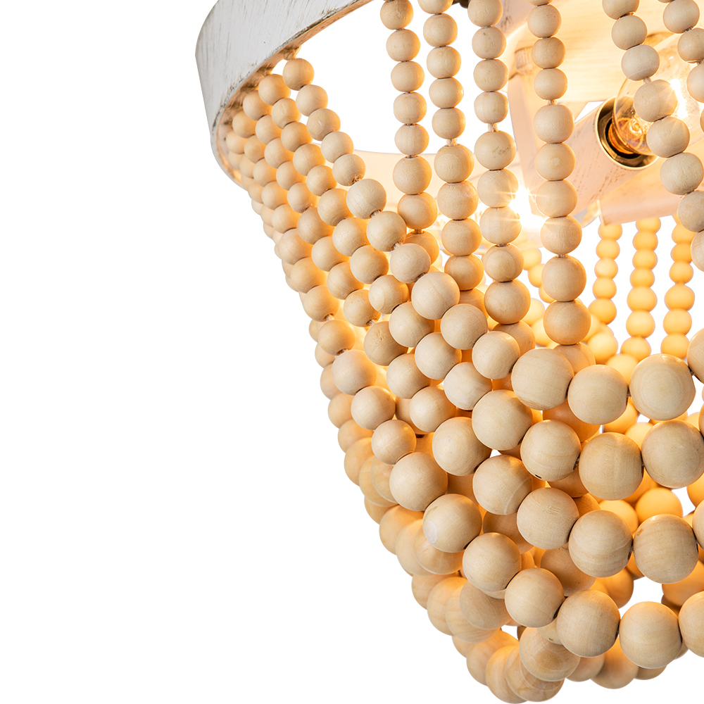 Modern Coastal Wood Beaded Unique Ceiling Light Flush Mount Chandelier in an Antique White Finish Design for Entryway, Bedroom, Kitchen, Living Room