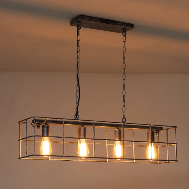 4-Light Mid-century Modern Farmhouse Wooden+Metal Rectangle Chandelier Pendant Light in Silver Gray Finish for Living Room/ Kitchen/ Garage