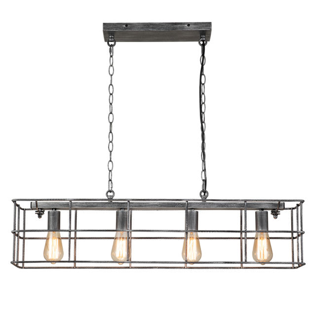4-Light Mid-century Modern Farmhouse Wooden+Metal Rectangle Chandelier Pendant Light in Silver Gray Finish for Living Room/ Kitchen/ Garage
