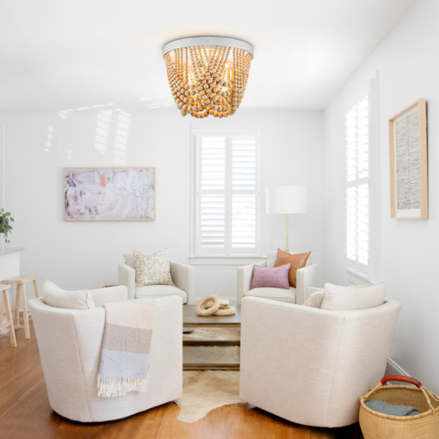 Modern Coastal Wood Beaded Flush Mount Ceiling Light in a Rope Knot Design for Entryway, Bedroom, Kitchen, Living Room