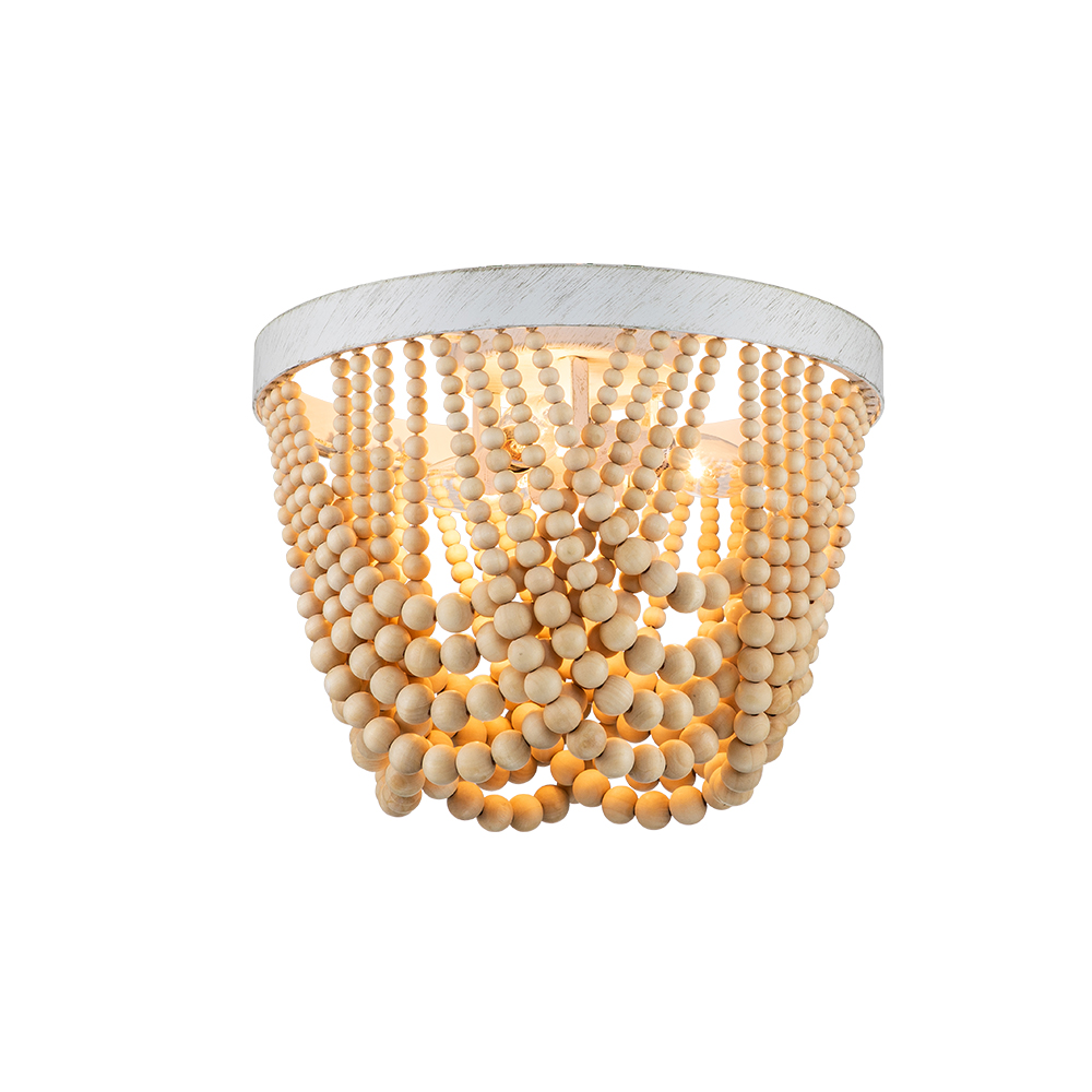 Modern Coastal Wood Beaded Unique Ceiling Light Flush Mount Chandelier in an Antique White Finish Design for Entryway, Bedroom, Kitchen, Living Room