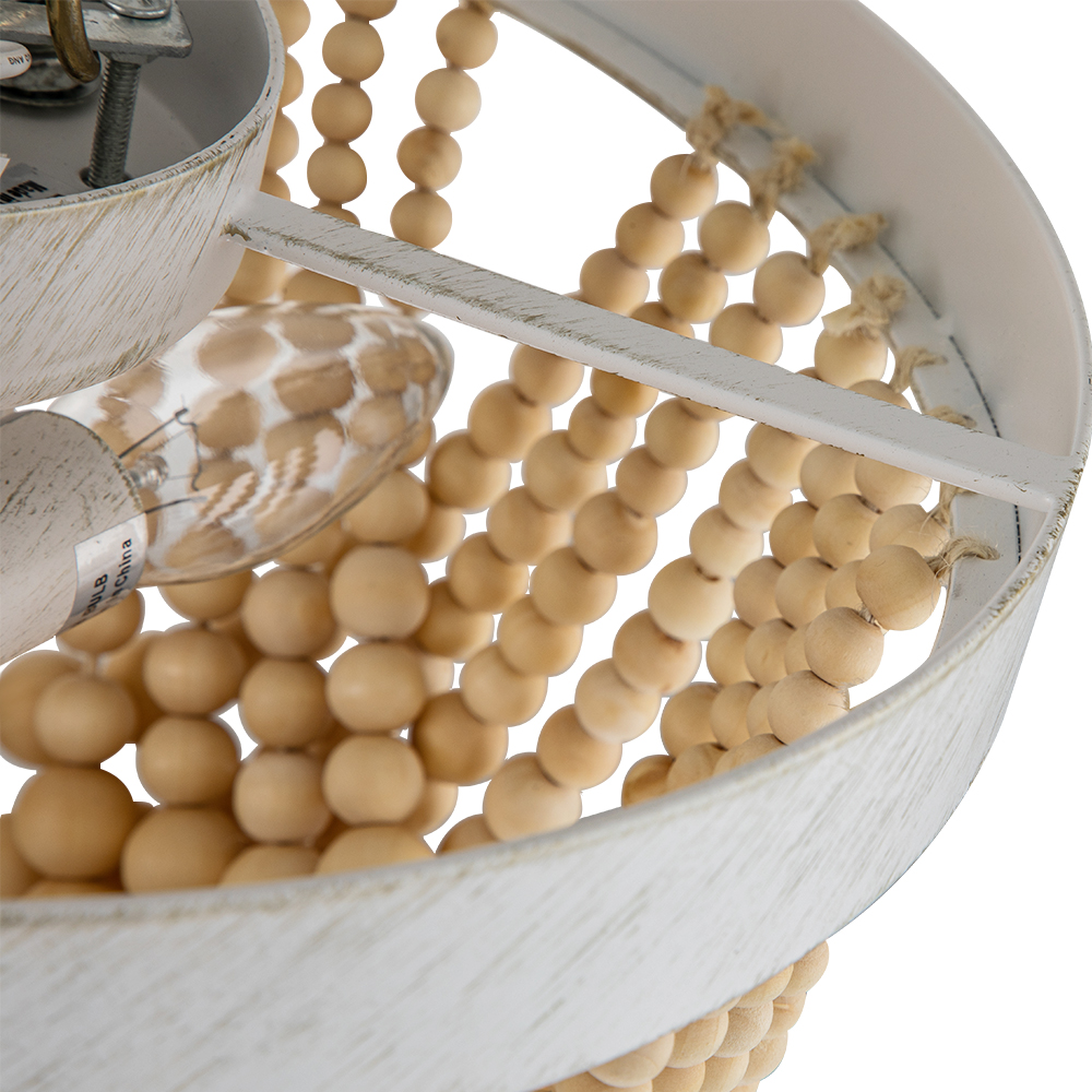 Modern Coastal Wood Beaded Unique Ceiling Light Flush Mount Chandelier in an Antique White Finish Design for Entryway, Bedroom, Kitchen, Living Room