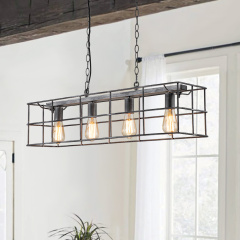 4-Light Mid-century Modern Farmhouse Wooden+Metal Rectangle Chandelier Pendant Light in Silver Gray Finish for Living Room/ Kitchen/ Garage