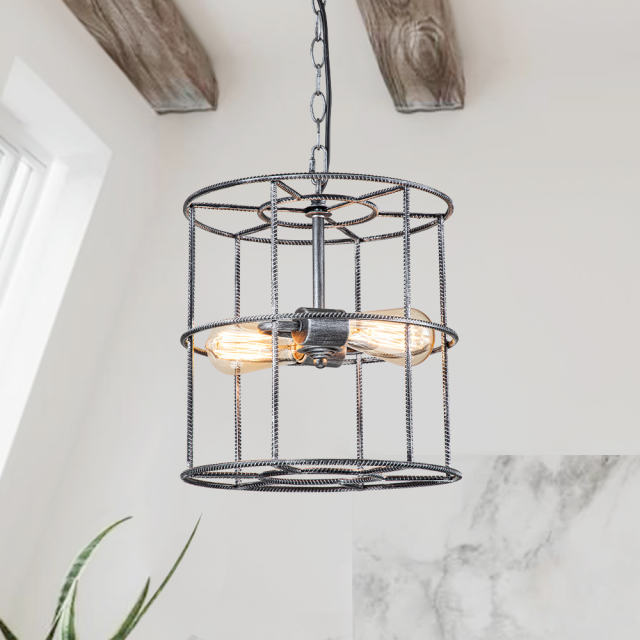 Modern Farmhouse Metal Open Cage Frame Pendant Lighting in Silver Gray Finish For Restaurant/ Kitchen/ Dining Room