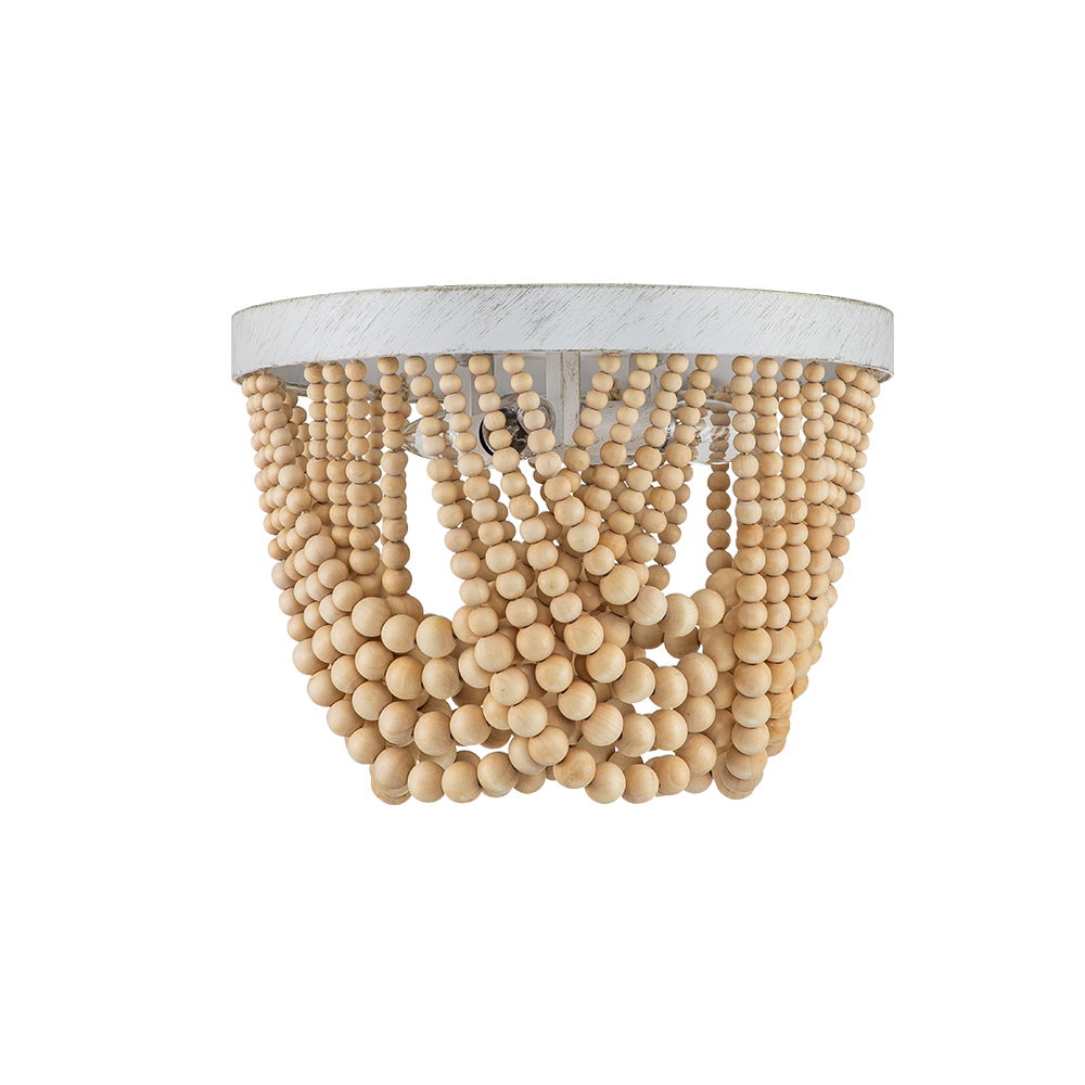 Modern Coastal Wood Beaded Unique Ceiling Light Flush Mount Chandelier in an Antique White Finish Design for Entryway, Bedroom, Kitchen, Living Room