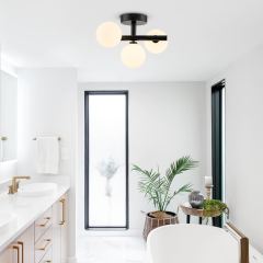 Designer Modern 3-Light Brass/ Black Sputnik Semi Flush Mount with Frosted Opal Glass Globe for Dining Room/ Kitchen/ Living Room