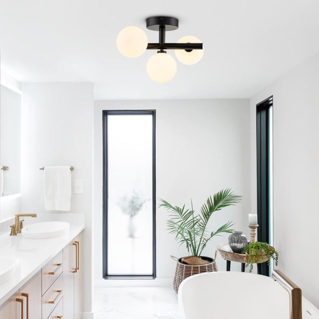 Designer Modern 3-Light Brass/ Black Sputnik Semi Flush Mount with Frosted Opal Glass Globe for Dining Room/ Kitchen/ Living Room