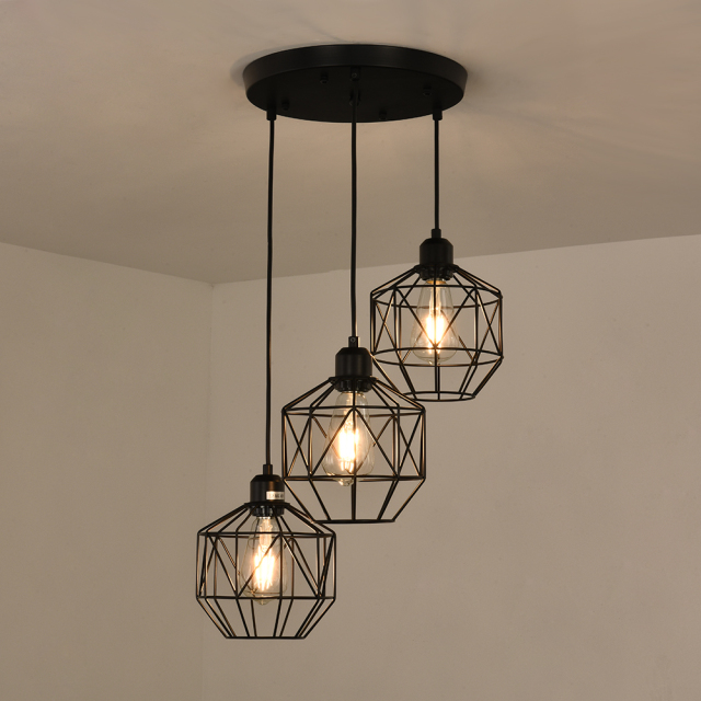 3-Light Modern Industrial Black Geometric Pendant Lighting Adjustable Cage Hanging Light for Kitchen Island Dining Room Bedroom Bar