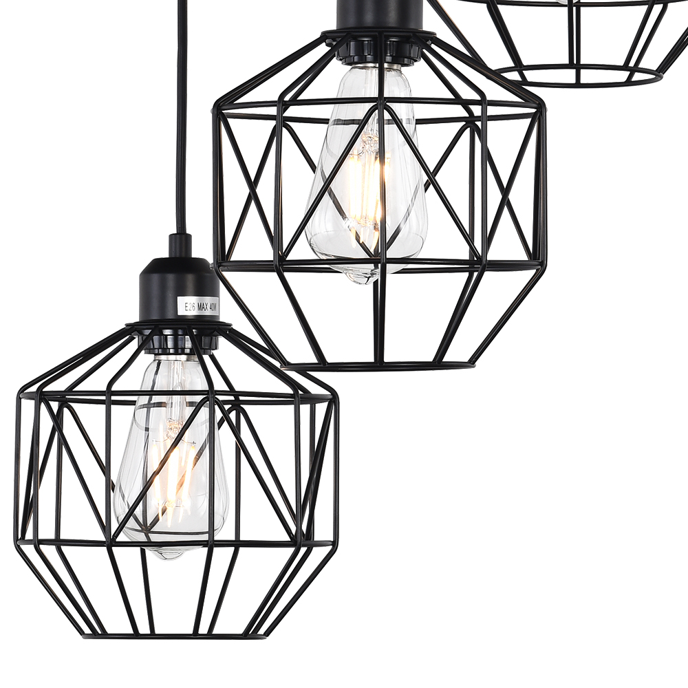 3-Light Modern Industrial Black Geometric Pendant Lighting Adjustable Cage Hanging Light for Kitchen Island Dining Room Bedroom Bar