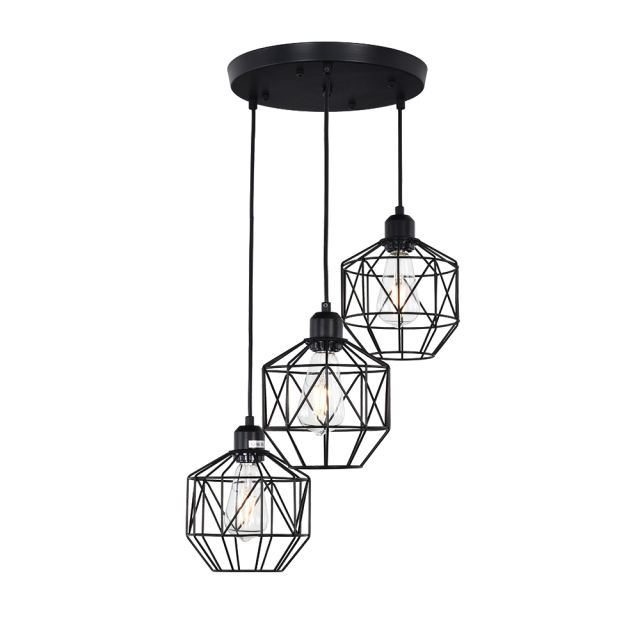3-Light Modern Industrial Black Geometric Pendant Lighting Adjustable Cage Hanging Light for Kitchen Island Dining Room Bedroom Bar