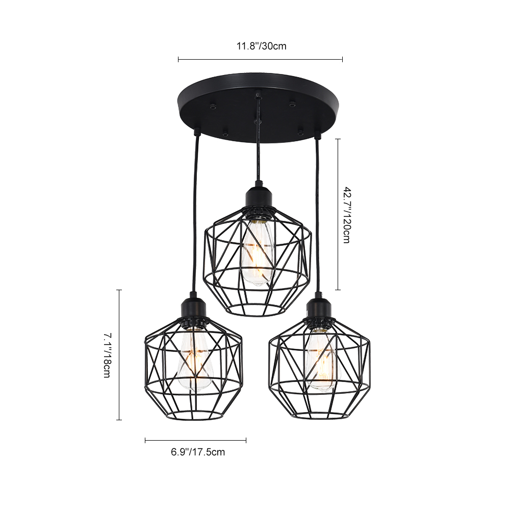 3-Light Modern Industrial Black Geometric Pendant Lighting Adjustable Cage Hanging Light for Kitchen Island Dining Room Bedroom Bar