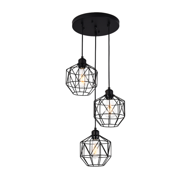 3-Light Modern Industrial Black Geometric Pendant Lighting Adjustable Cage Hanging Light for Kitchen Island Dining Room Bedroom Bar