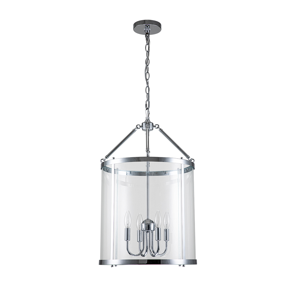 Modern Farmhouse Lantern Round Glass Chandelier Drum Pendant Light with Black/ Chrome Cylinder Frame for Restaurant/ Kitchen/ Dining Room