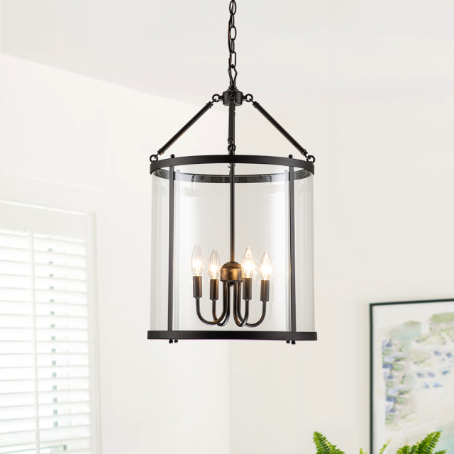 Modern Farmhouse Lantern Round Glass Chandelier Drum Pendant Light with Black/ Chrome Cylinder Frame for Restaurant/ Kitchen/ Dining Room