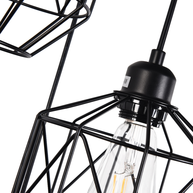 3-Light Modern Industrial Black Geometric Pendant Lighting Adjustable Cage Hanging Light for Kitchen Island Dining Room Bedroom Bar