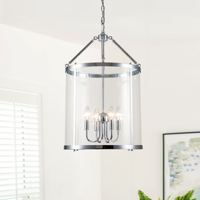 Modern Farmhouse Lantern Round Glass Chandelier Drum Pendant Light with Black/ Chrome Cylinder Frame for Restaurant/ Kitchen/ Dining Room