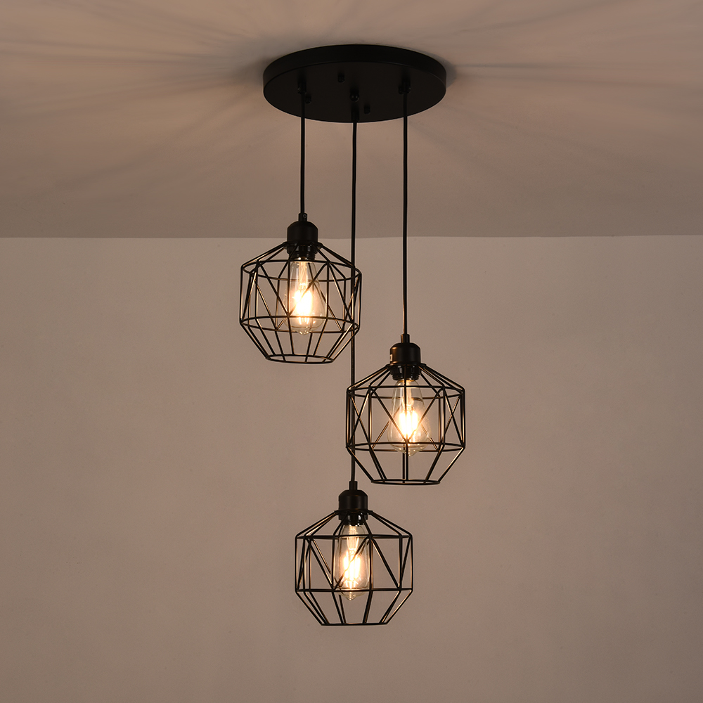 3-Light Modern Industrial Black Geometric Pendant Lighting Adjustable Cage Hanging Light for Kitchen Island Dining Room Bedroom Bar