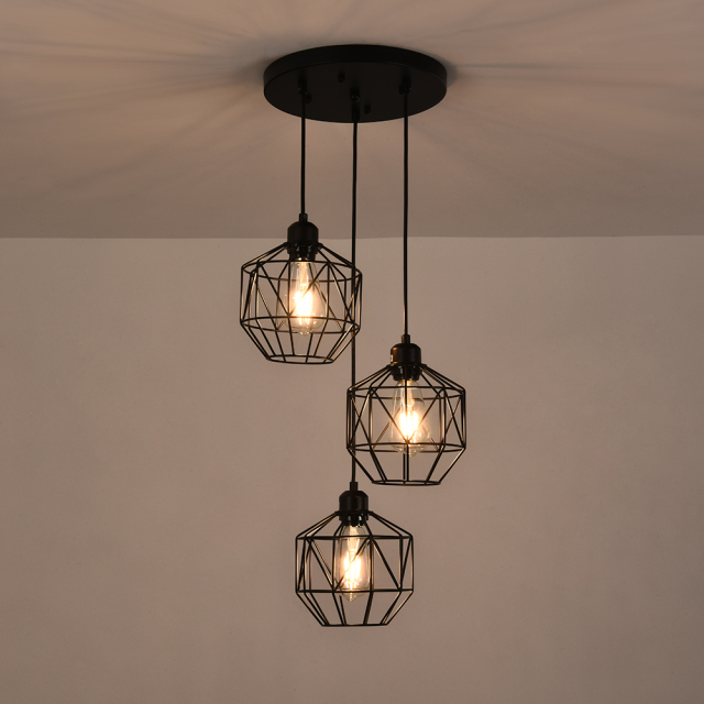 3-Light Modern Industrial Black Geometric Pendant Lighting Adjustable Cage Hanging Light for Kitchen Island Dining Room Bedroom Bar