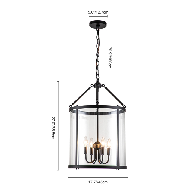 Modern Farmhouse Lantern Round Glass Chandelier Drum Pendant Light with Black/ Chrome Cylinder Frame for Restaurant/ Kitchen/ Dining Room