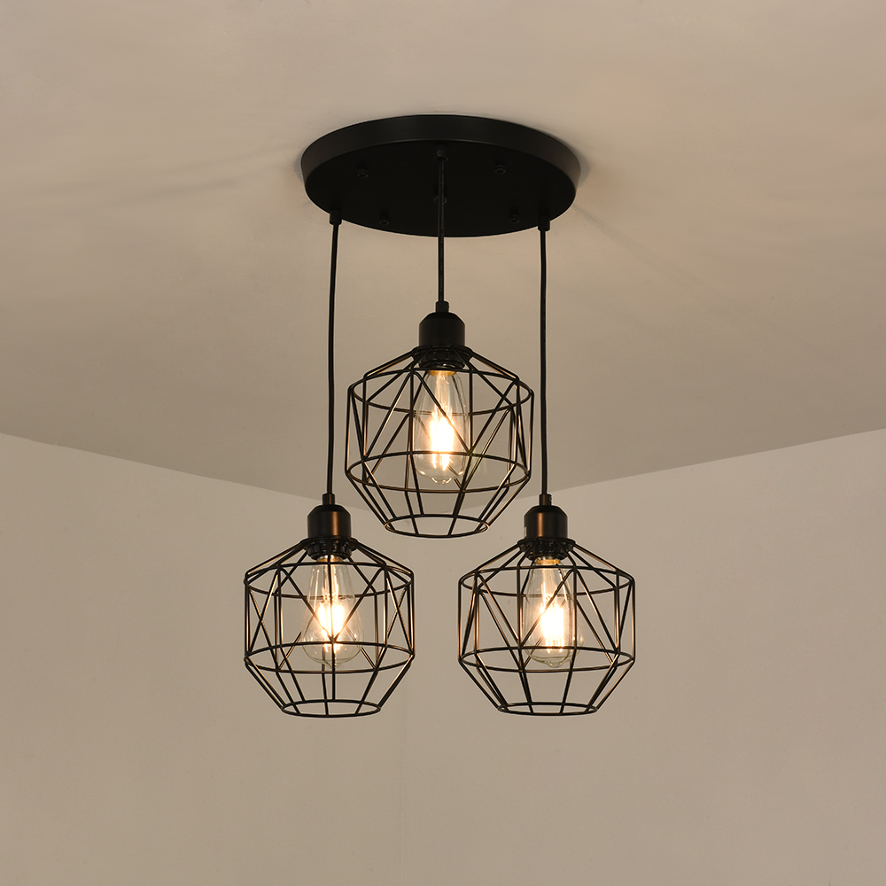3-Light Modern Industrial Black Geometric Pendant Lighting Adjustable Cage Hanging Light for Kitchen Island Dining Room Bedroom Bar