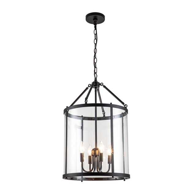 Modern Farmhouse Lantern Round Glass Chandelier Drum Pendant Light with Black/ Chrome Cylinder Frame for Restaurant/ Kitchen/ Dining Room