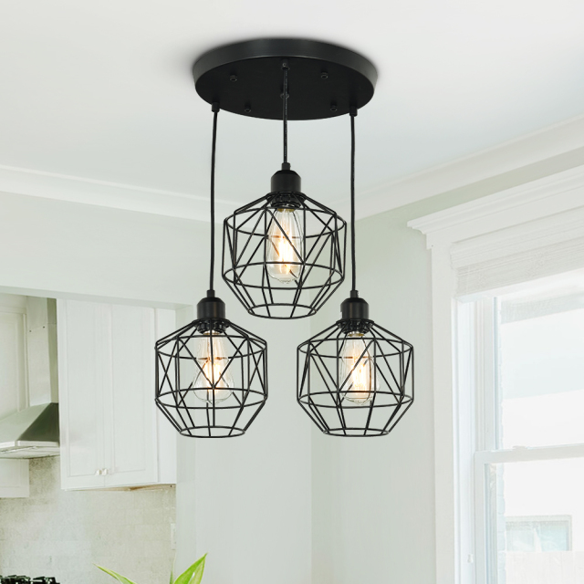 3-Light Modern Industrial Black Geometric Pendant Lighting Adjustable Cage Hanging Light for Kitchen Island Dining Room Bedroom Bar