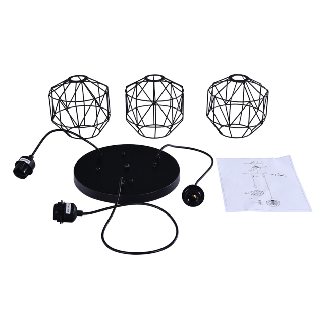 3-Light Modern Industrial Black Geometric Pendant Lighting Adjustable Cage Hanging Light for Kitchen Island Dining Room Bedroom Bar