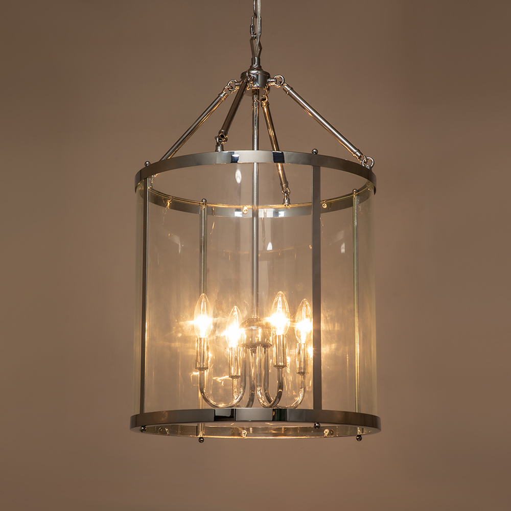Modern Farmhouse Lantern Round Glass Chandelier Drum Pendant Light with Black/ Chrome Cylinder Frame for Restaurant/ Kitchen/ Dining Room