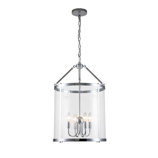 Modern Farmhouse Lantern Round Glass Chandelier Drum Pendant Light with Black/ Chrome Cylinder Frame for Restaurant/ Kitchen/ Dining Room