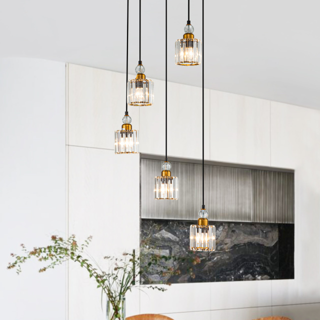 5-Light Glam Modern Luxury Crystal Pendant Lighting Adjustable Hanging Light for Kitchen Island Dining Room Bedroom Bar in Painted Black+Brass Finish
