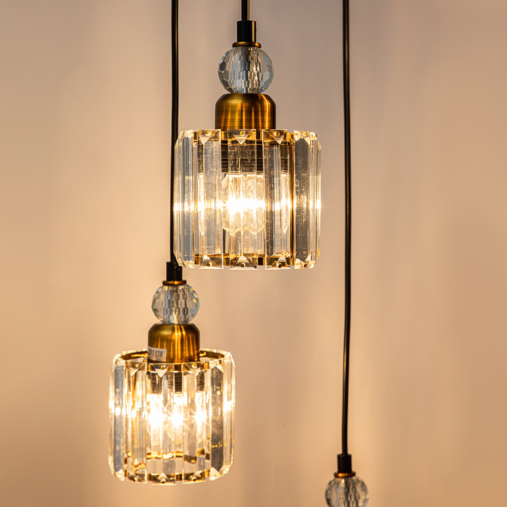 5-Light Glam Modern Luxury Crystal Pendant Lighting Adjustable Hanging Light for Kitchen Island Dining Room Bedroom Bar in Painted Black+Brass Finish